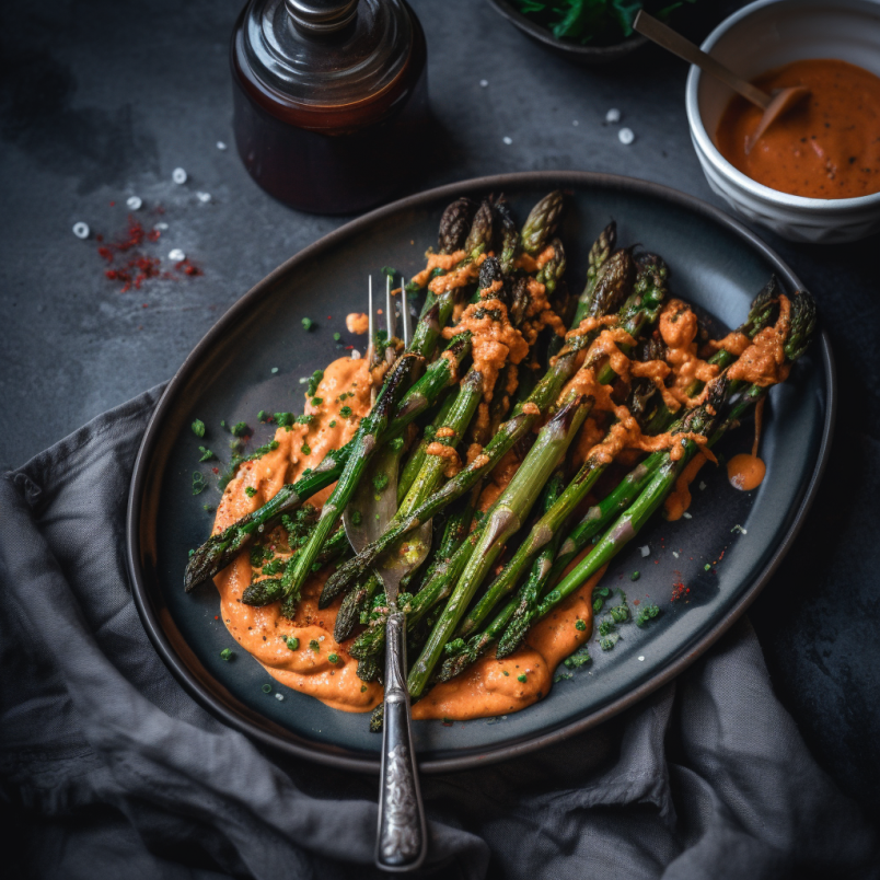 charred asparagus and romesco sauce