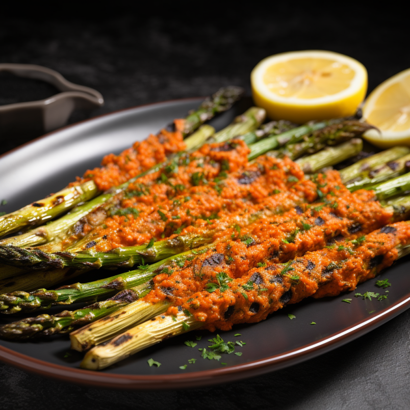 charred asparagus with romesco sauce