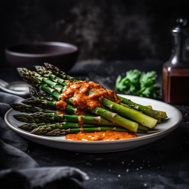 crispy chargrilled asparagus with romesco sauce