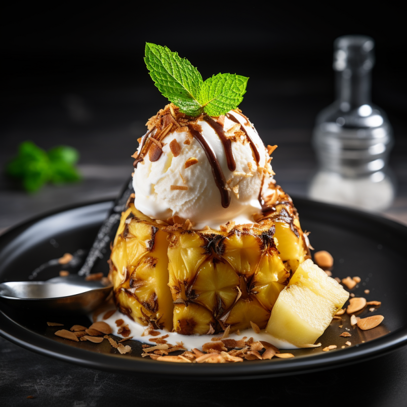 grilled pineappe sundae in a grilled pineapple