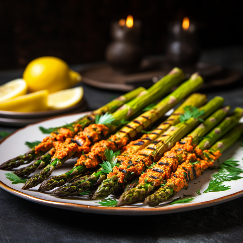 perfectly grilled asparagus spears in romesco sauce