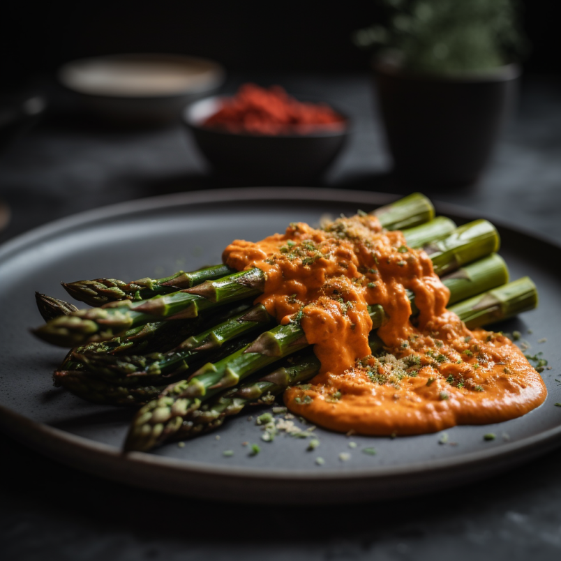 romesco smothered grilled asparagus spears