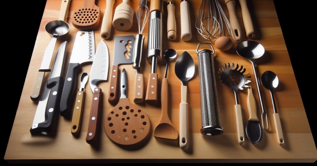 a silly depiction of must-have kitchen utensils