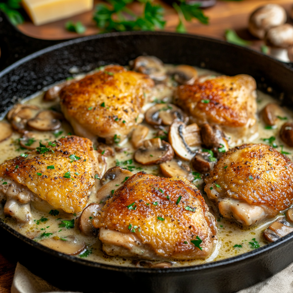 Golden, crispy-skinned chicken thighs simmering in a creamy garlic mushroom sauce inside a black cast-iron skillet