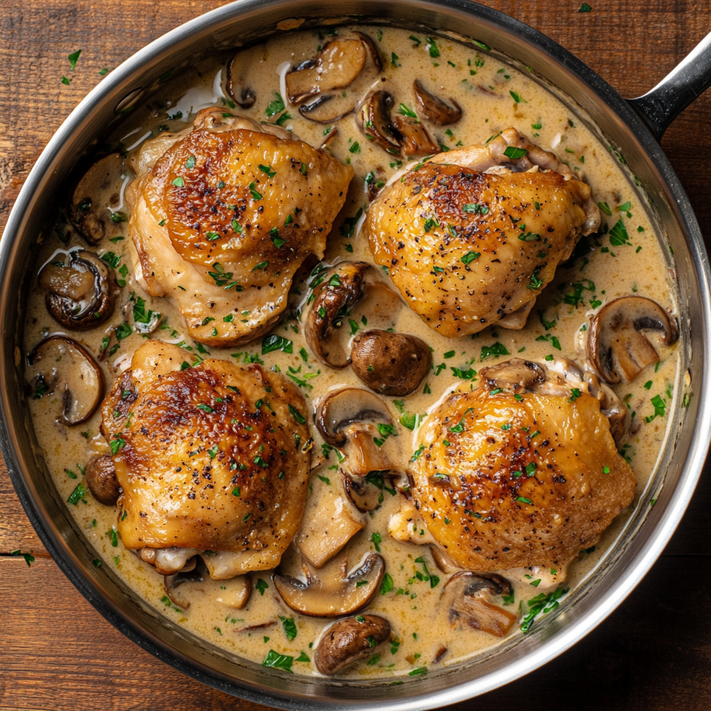 browned chicken thighs simmering in a creamy garlic mushroom sauce inside a stainless steel skillet