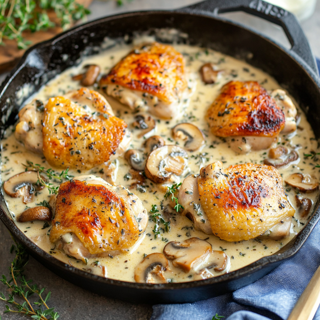 cast-iron skillet filled with golden-brown, crispy-skinned chicken thighs