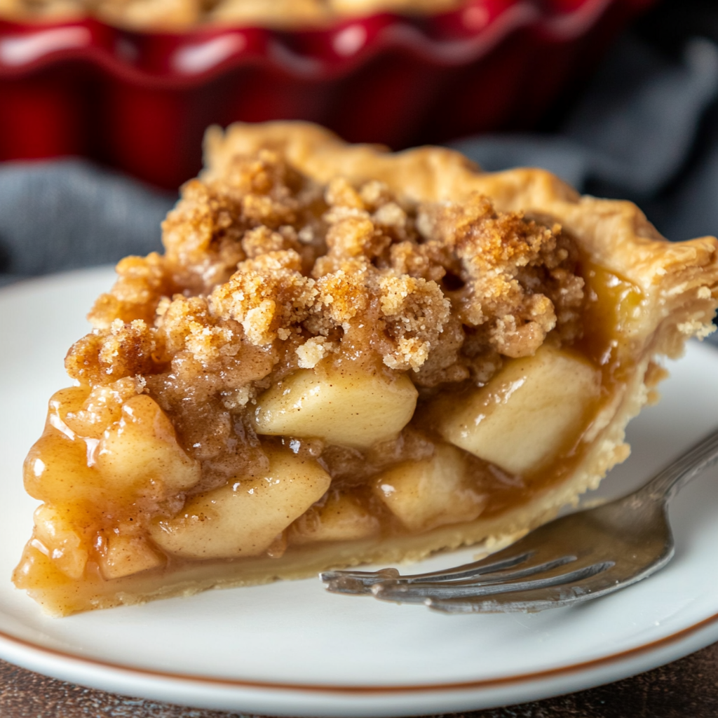 close-up of a slice of Dutch apple pie with a golden, flaky crust