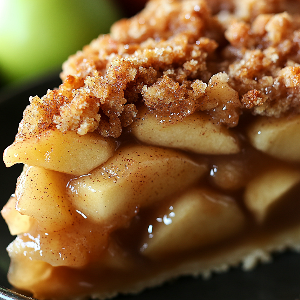 slice of Dutch apple pie with a golden, flaky crust and a thick, buttery streusel topping
