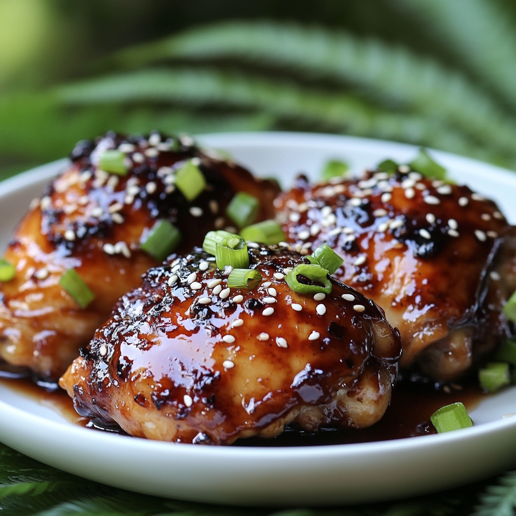 white ceramic plate with three teriyaki-glazed chicken thighs
